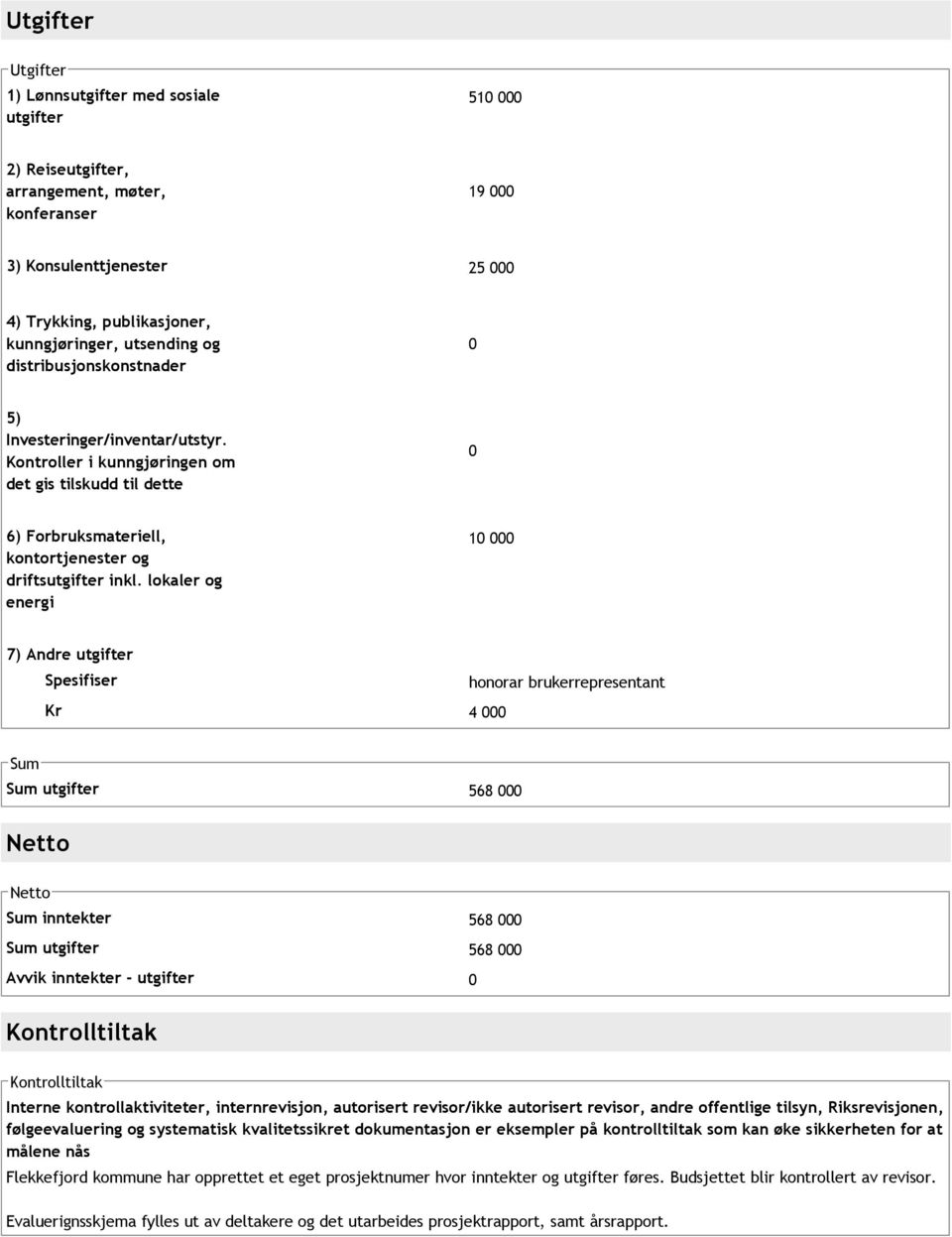 lokaler og energi 10 000 7) Andre utgifter Spesifiser honorar brukerrepresentant Kr 4 000 Sum Sum utgifter 568 000 Netto Netto Sum inntekter 568 000 Sum utgifter 568 000 Avvik inntekter utgifter 0