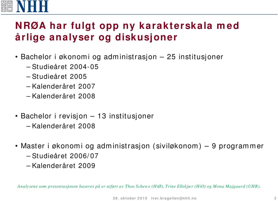 2008 Master i økonomi og administrasjon (siviløkonom) 9 programmer Studieåret 2006/07 Kalenderåret 2009 Analysene som