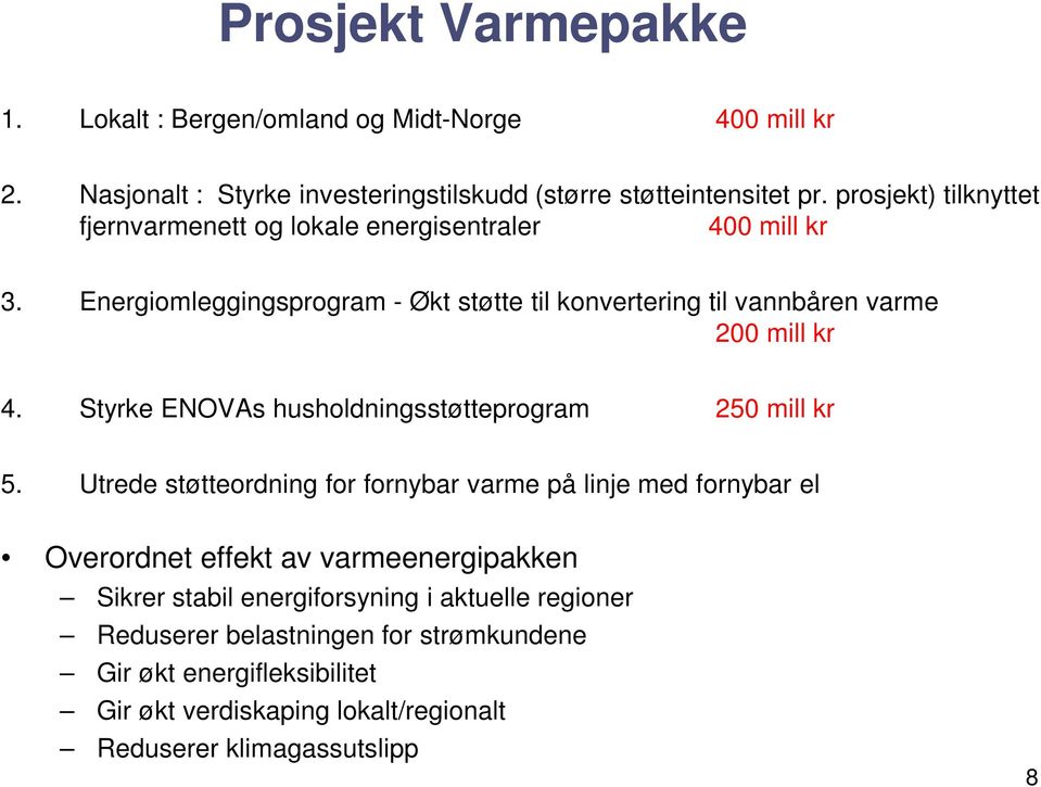 Energiomleggingsprogram - Økt støtte til konvertering til vannbåren varme 200 mill kr 4. Styrke ENOVAs husholdningsstøtteprogram 250 mill kr 5.