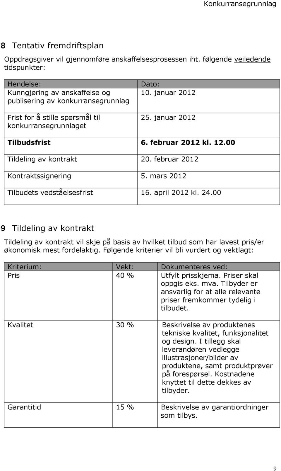 januar 2012 Tilbudsfrist 6. februar 2012 kl. 12.00 Tildeling av kontrakt 20. februar 2012 Kontraktssignering 5. mars 2012 Tilbudets vedståelsesfrist 16. april 2012 kl. 24.