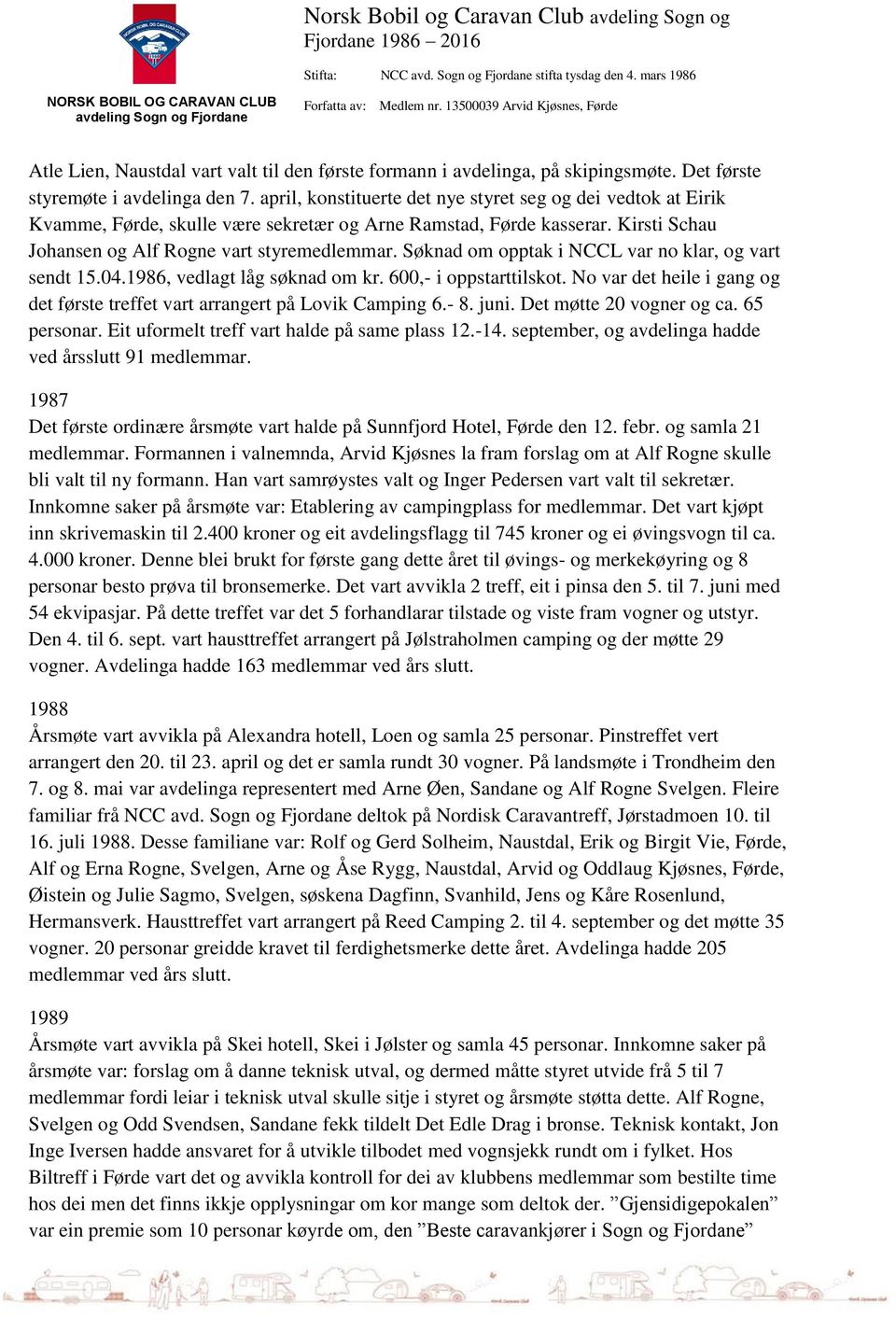 Søknad om opptak i NCCL var no klar, og vart sendt 15.04.1986, vedlagt låg søknad om kr. 600,- i oppstarttilskot. No var det heile i gang og det første treffet vart arrangert på Lovik Camping 6.- 8.