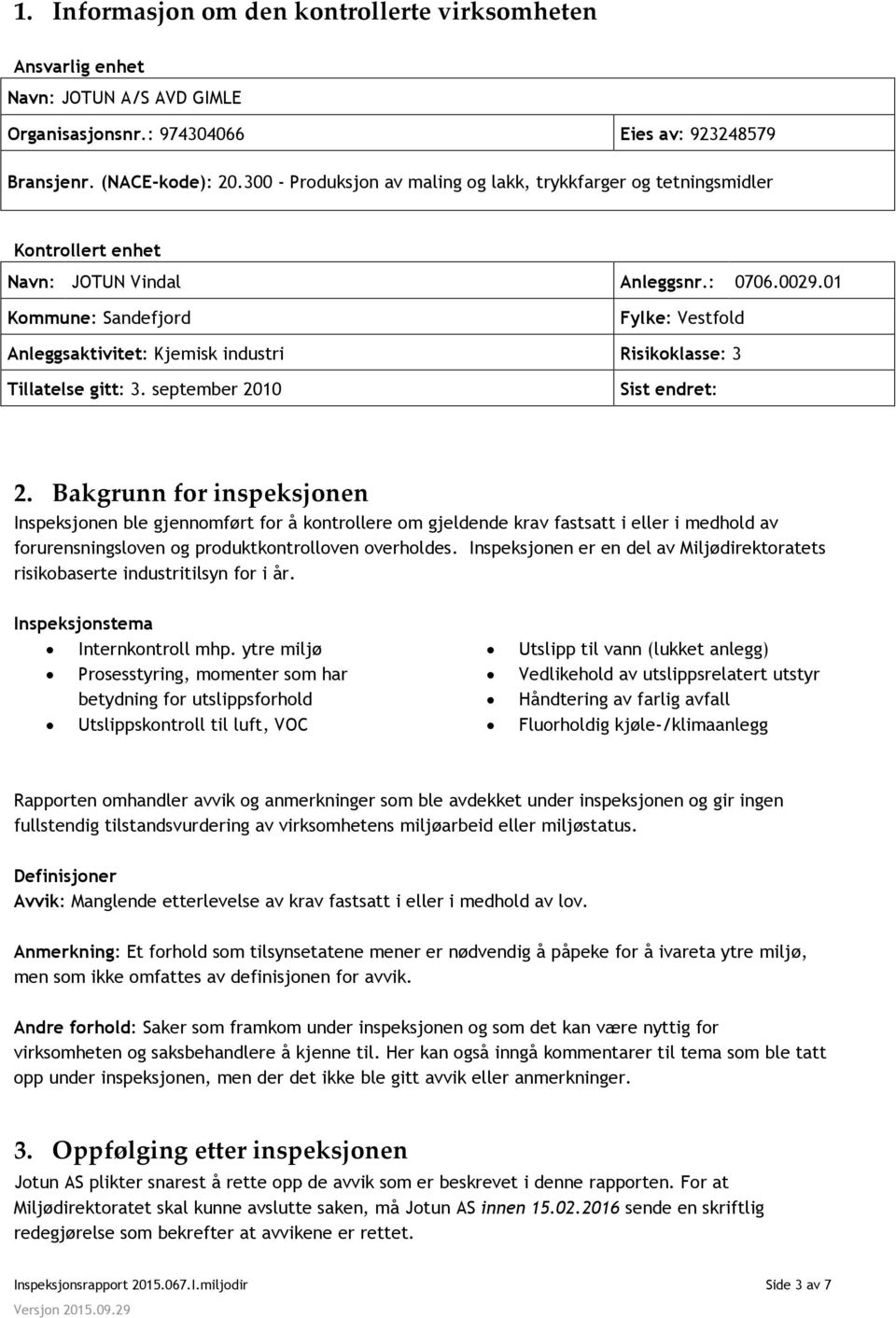 01 Kommune: Sandefjord Fylke: Vestfold Anleggsaktivitet: Kjemisk industri Risikoklasse: 3 Tillatelse gitt: 3. september 2010 Sist endret: 2.