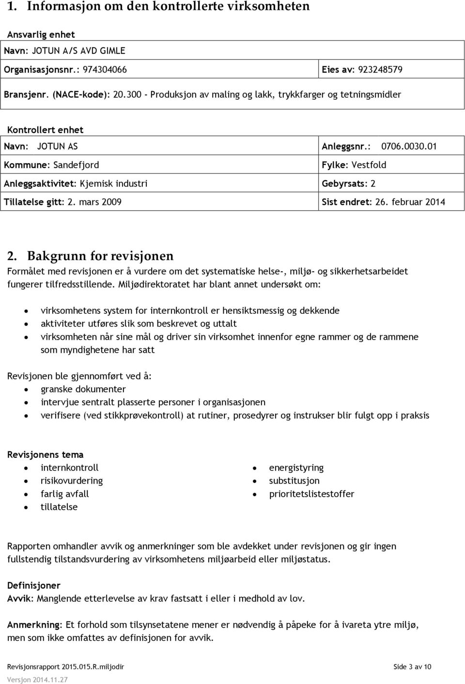 01 Kommune: Sandefjord Fylke: Vestfold Anleggsaktivitet: Kjemisk industri Gebyrsats: 2 Tillatelse gitt: 2. mars 2009 Sist endret: 26. februar 2014 2.
