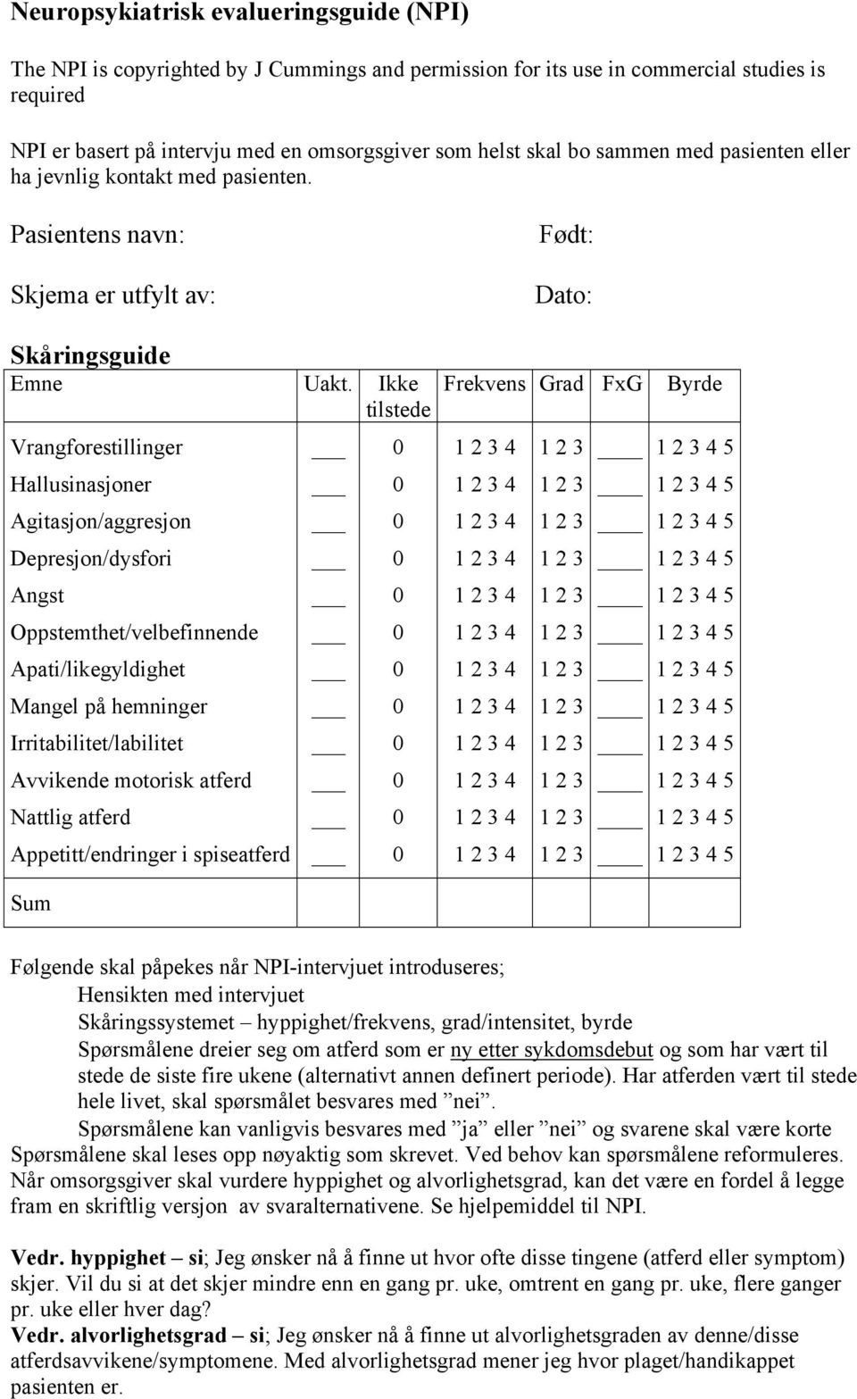 Ikke tilstede Vrangforestillinger Hallusinasjoner Agitasjon/aggresjon Depresjon/dysfori Angst Oppstemthet/velbefinnende Apati/likegyldighet Mangel på hemninger Irritabilitet/labilitet Avvikende