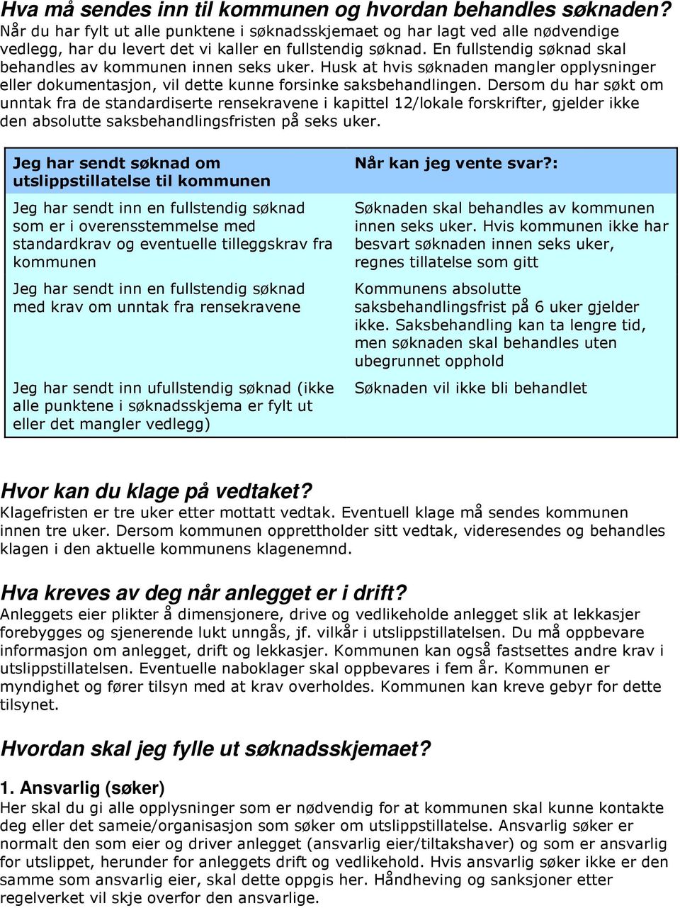 En fullstendig søknad skal behandles av kommunen innen seks uker. Husk at hvis søknaden mangler opplysninger eller dokumentasjon, vil dette kunne forsinke saksbehandlingen.