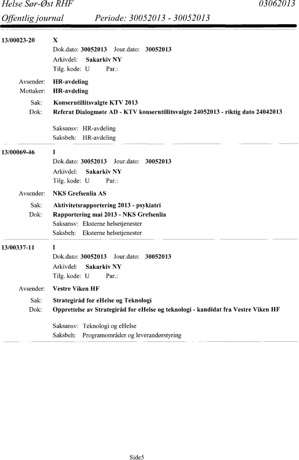 - psykiatri Dok: Rapportering mai 2013 - NKS Grefsenlia Eksterne helsetjenester Eksterne helsetjenester 13/00337-11 Vestre Viken HF Sak: Strategiråd for ehelse