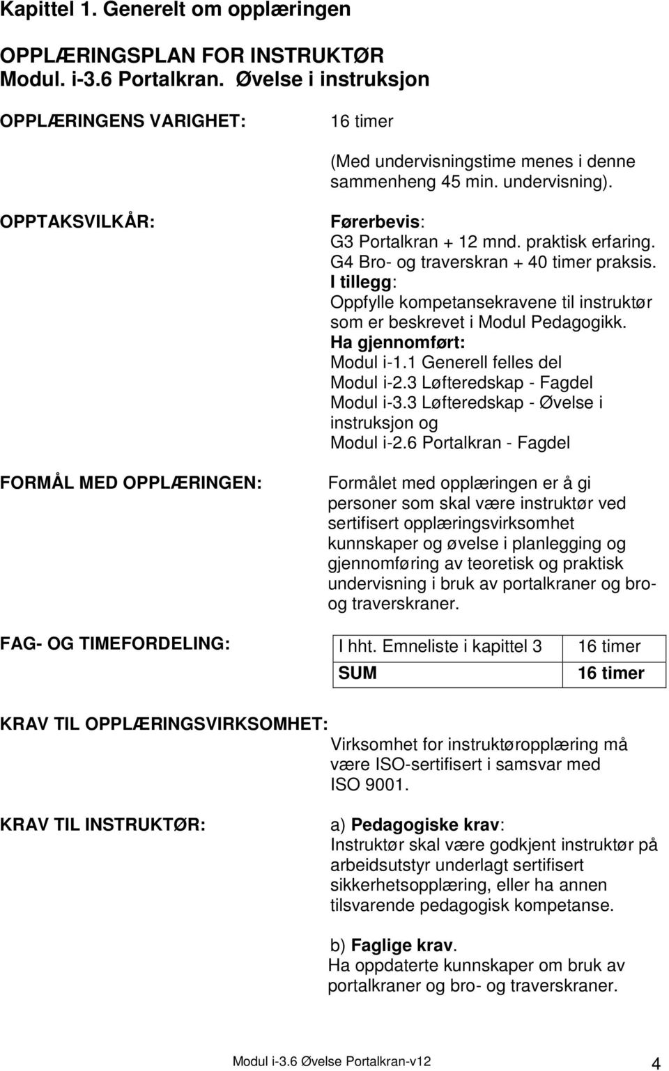 I tillegg: Oppfylle kompetansekravene til instruktør som er beskrevet i Modul Pedagogikk. Ha gjennomført: Modul i-1.1 Generell felles del Modul i-2.3 Løfteredskap - Fagdel Modul i-3.