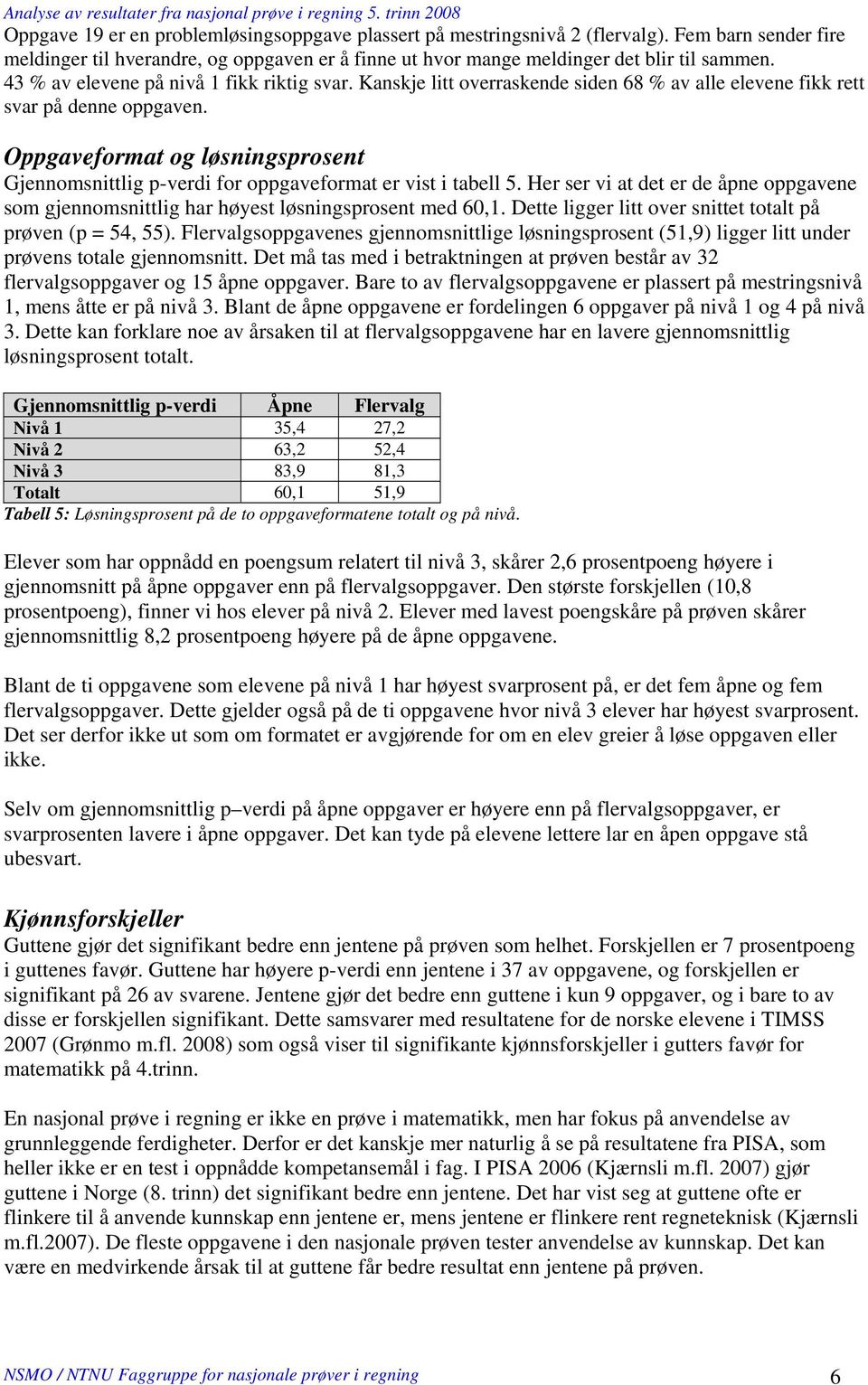 Oppgaveformat og løsningsprosent Gjennomsnittlig p-verdi for oppgaveformat er vist i tabell 5. Her ser vi at det er de åpne oppgavene som gjennomsnittlig har høyest løsningsprosent med 60,1.