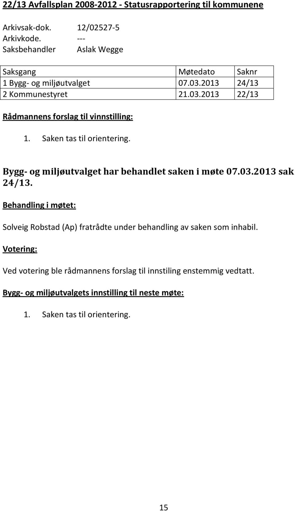 Saken tas til orientering. Bygg- og miljøutvalget har behandlet saken i møte 07.03.2013 sak 24/13.