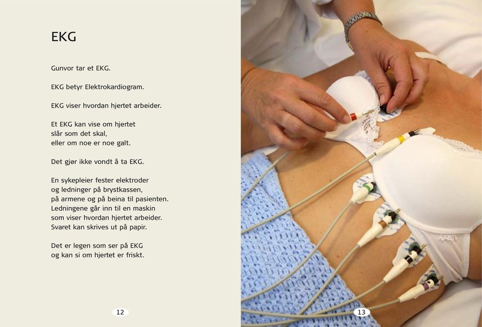 En sykepleier fester elektroder og ledninger på brystkassen, på armene og på beina til pasienten.