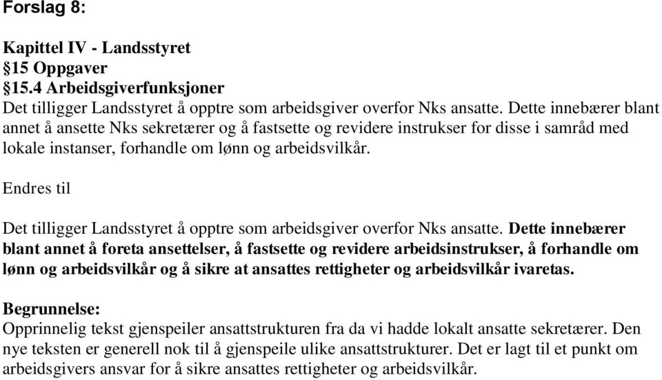 Endres til Det tilligger Landsstyret å opptre som arbeidsgiver overfor Nks ansatte.