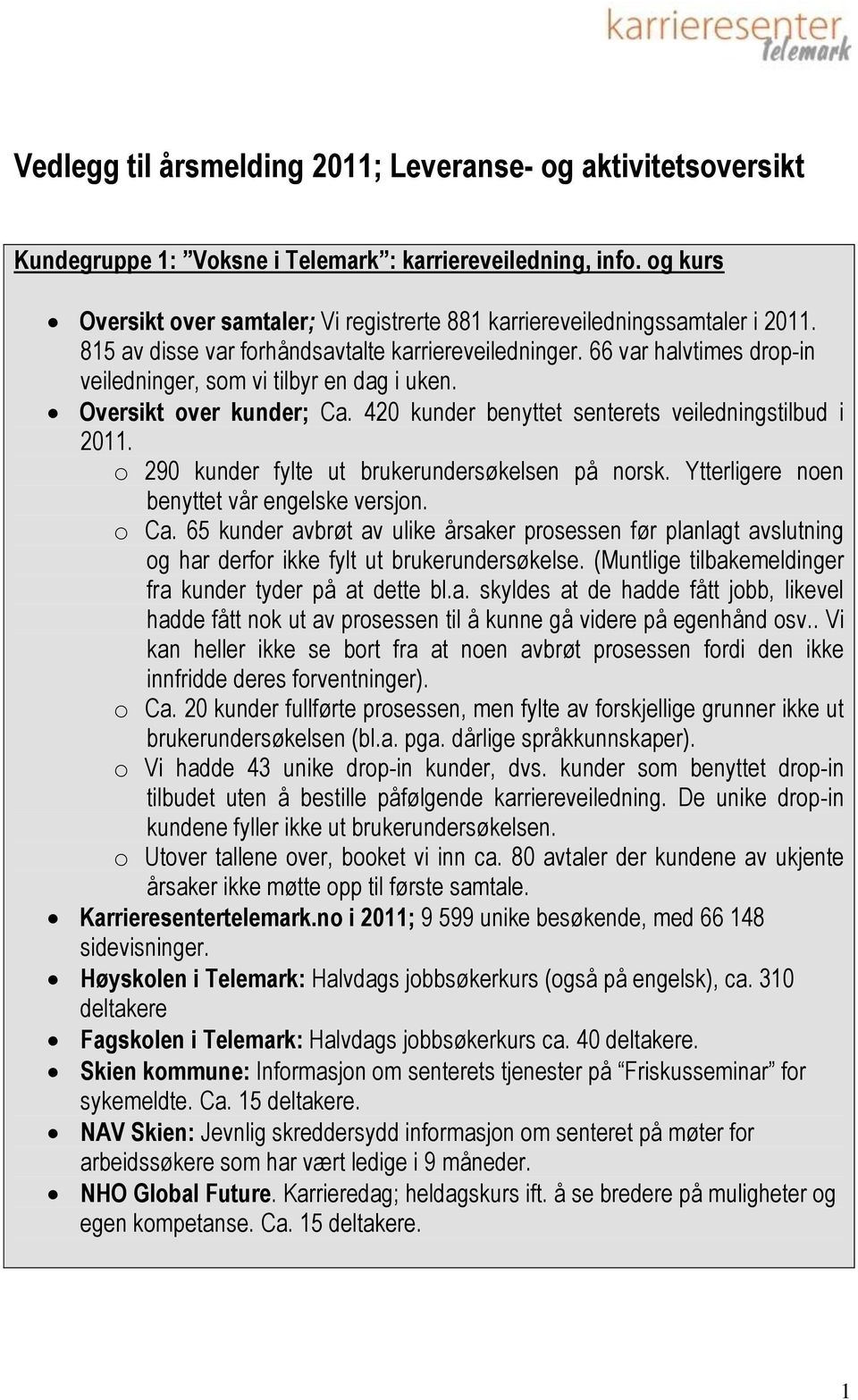 66 var halvtimes drop-in veiledninger, som vi tilbyr en dag i uken. Oversikt over kunder; Ca. 420 kunder benyttet senterets veiledningstilbud i 2011.