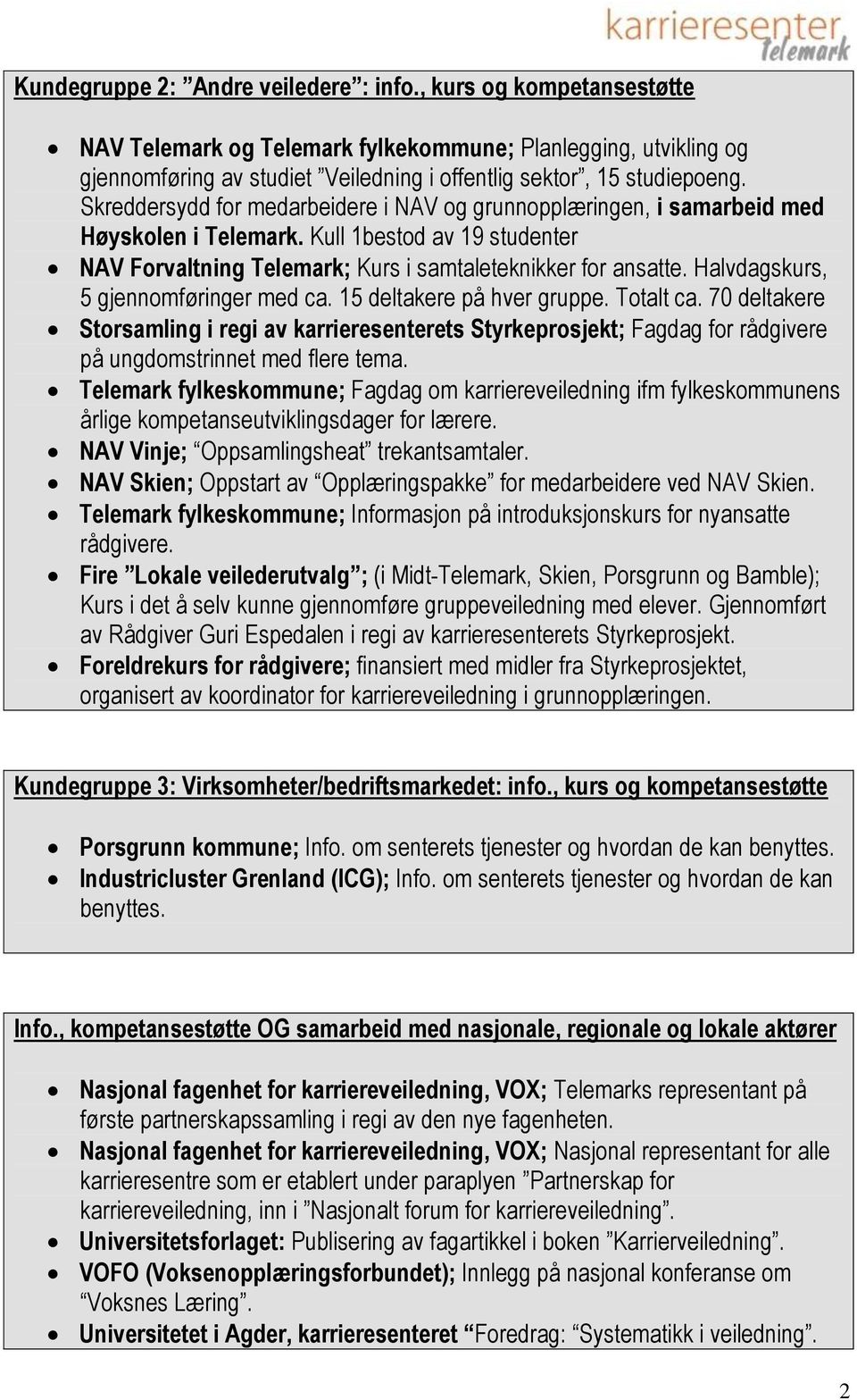 Skreddersydd for medarbeidere i NAV og grunnopplæringen, i samarbeid med Høyskolen i Telemark. Kull 1bestod av 19 studenter NAV Forvaltning Telemark; Kurs i samtaleteknikker for ansatte.