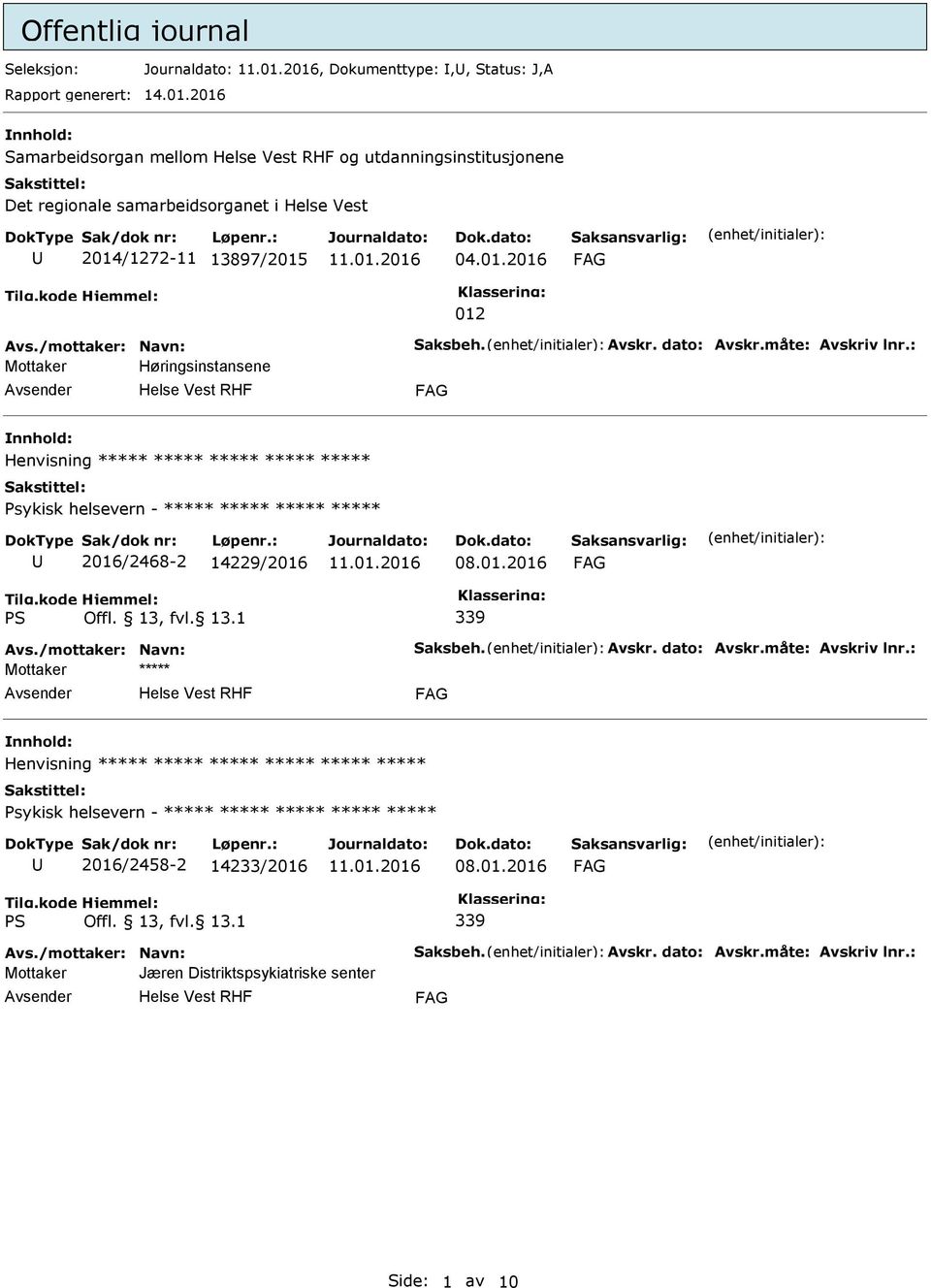 måte: Avskriv lnr.: Mottaker Høringsinstansene Henvisning ***** ***** ***** ***** ***** Psykisk helsevern - ***** ***** ***** ***** 2016/2468-2 14229/2016 Avs./mottaker: Navn: Saksbeh.