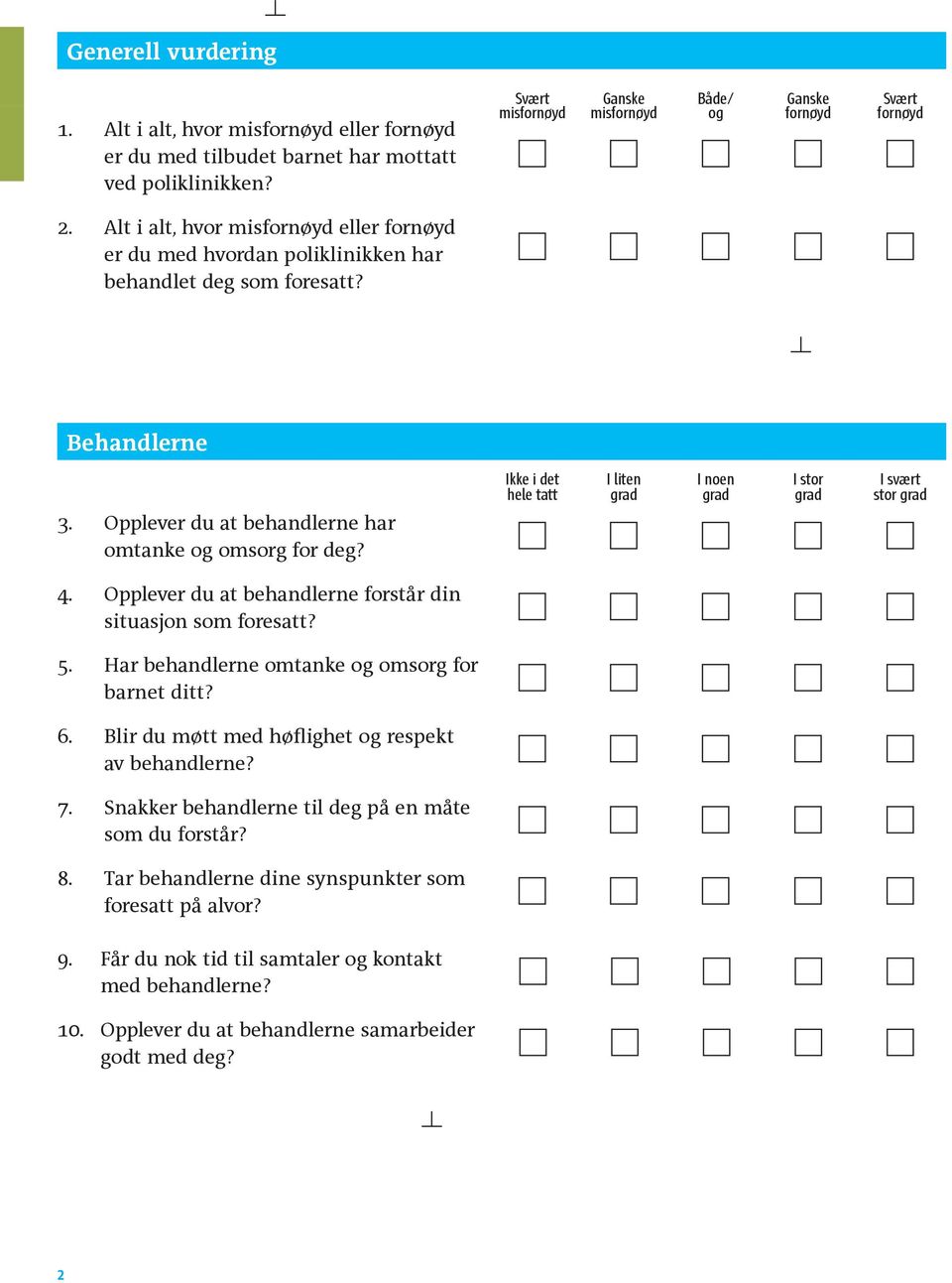 Ikke i det hele tatt I liten I noen I stor I svært stor 4. Opplever du at behandlerne forstår din situasjon som foresatt? 5. Har behandlerne omtanke og omsorg for barnet ditt? 6.