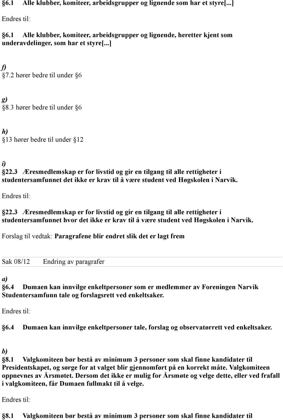 3 Æresmedlemskap er for livstid og gir en tilgang til alle rettigheter i studentersamfunnet det ikke er krav til å være student ved Høgskolen i Narvik. 22.