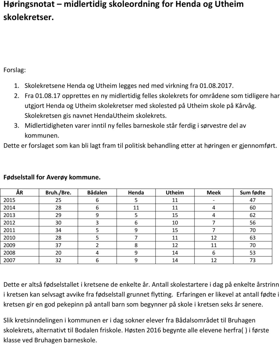 Skolekretsen gis navnet HendaUtheim skolekrets. 3. Midlertidigheten varer inntil ny felles barneskole står ferdig i sørvestre del av kommunen.