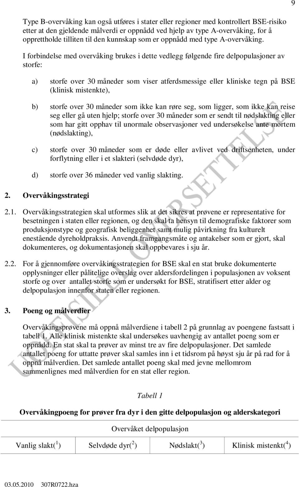 I forbindelse med overvåking brukes i dette vedlegg følgende fire delpopulasjoner av storfe: a) storfe over 30 måneder som viser atferdsmessige eller kliniske tegn på BSE (klinisk mistenkte), b)