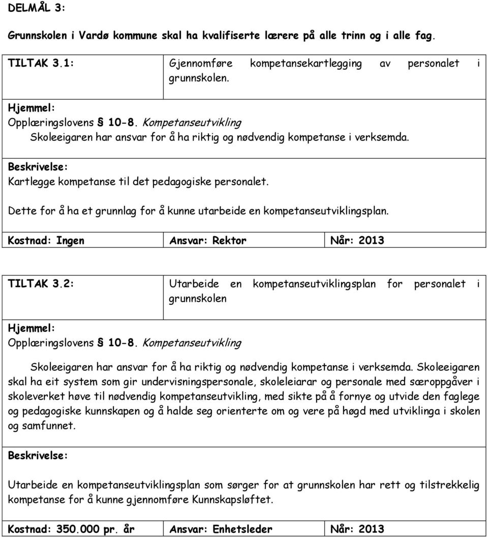 Dette for å ha et grunnlag for å kunne utarbeide en kompetanseutviklingsplan. Kostnad: Ingen Ansvar: Rektor Når: 2013 TILTAK 3.