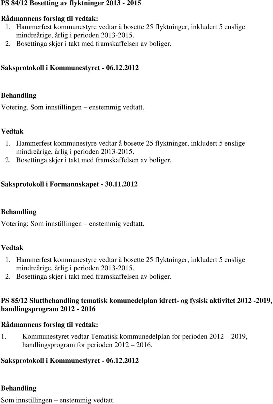 Saksprotokoll i Formannskapet - 30.11.2012 1. Hammerfest kommunestyre vedtar å bosette 25 flyktninger, inkludert 5 enslige mindreårige, årlig i perioden 2013-2015. 2. Bosettinga skjer i takt med framskaffelsen av boliger.