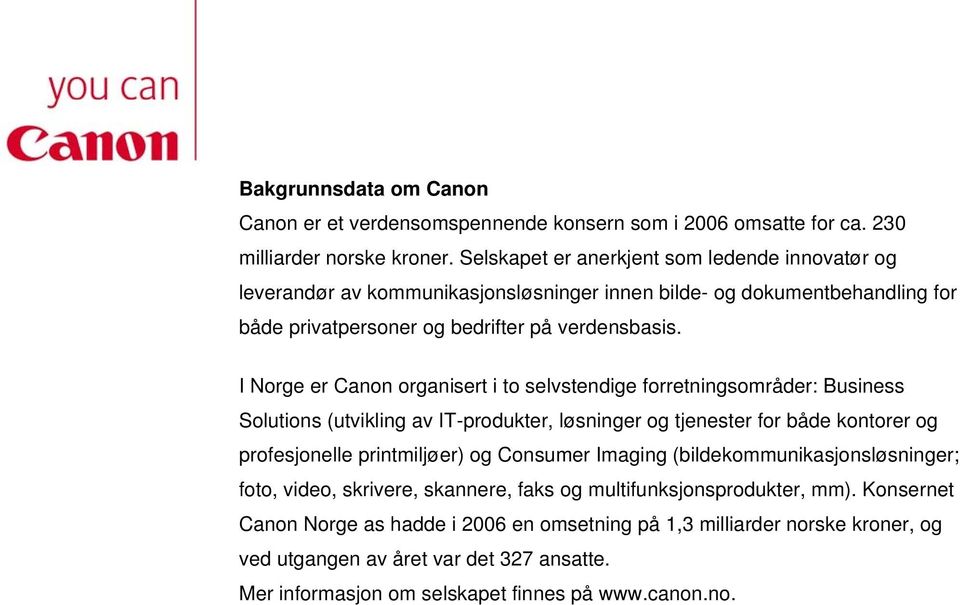 I Norge er Canon organisert i to selvstendige forretningsområder: Business Solutions (utvikling av IT-produkter, løsninger og tjenester for både kontorer og profesjonelle printmiljøer) og