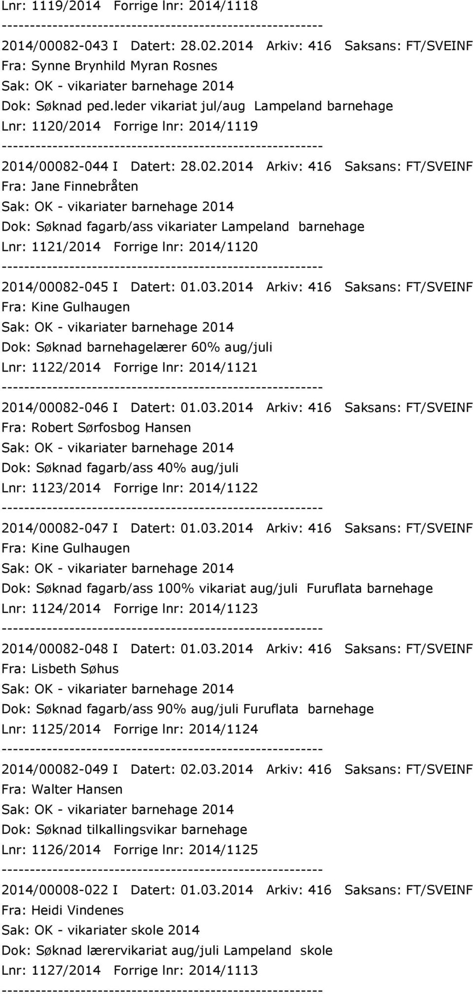 2014 Arkiv: 416 Saksans: FT/SVEINF Fra: Jane Finnebråten Dok: Søknad fagarb/ass vikariater Lampeland barnehage Lnr: 1121/2014 Forrige lnr: 2014/1120 2014/00082-045 I Datert: 01.03.