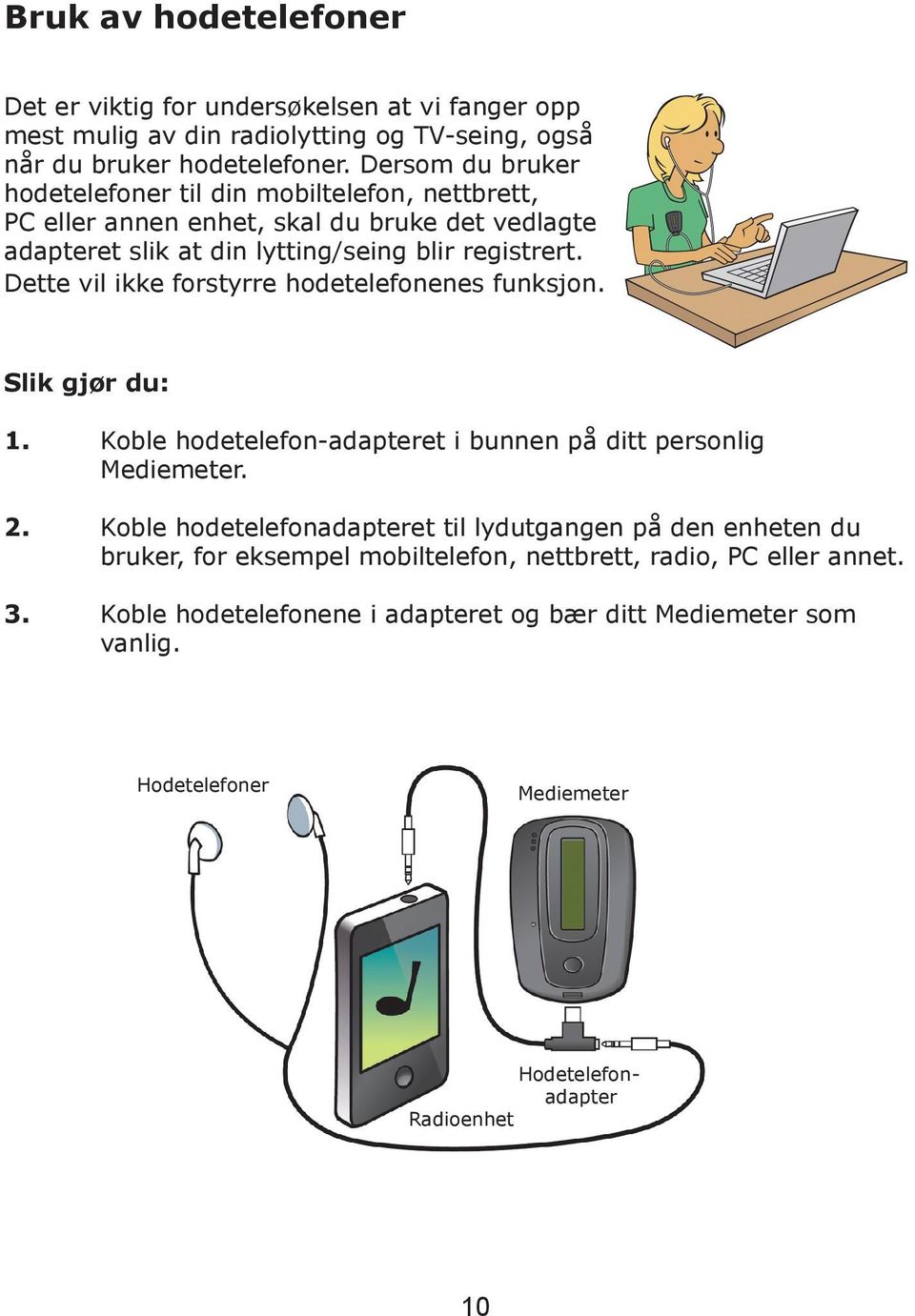 Dette vil ikke forstyrre hodetelefonenes funksjon. Slik gjør du: 1. Koble hodetelefon-adapteret i bunnen på ditt personlig Mediemeter. 2.