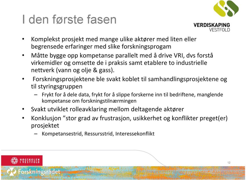 Forskningsprosjektene ble svakt koblet til samhandlingsprosjektene og til styringsgruppen Frykt for å dele data, frykt for å slippe forskerne inn til bedriftene, manglende