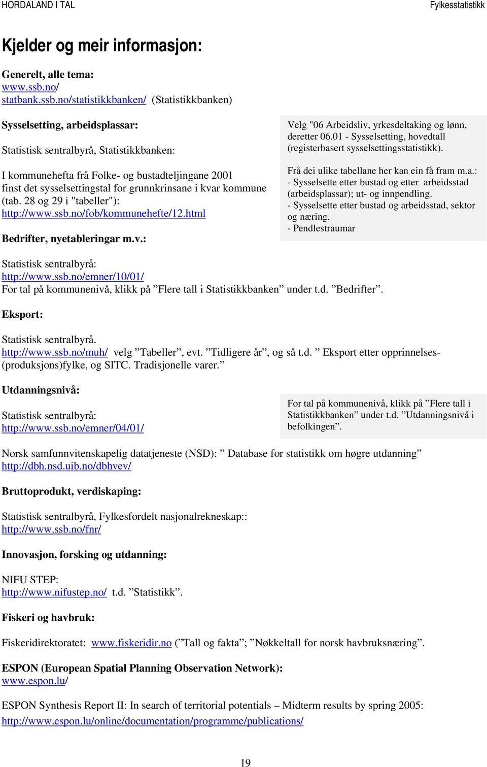 no/statistikkbanken/ (Statistikkbanken) Sysselsetting, arbeidsplassar: Statistisk sentralbyrå, Statistikkbanken: I kommunehefta frå Folke- og bustadteljingane 2001 finst det sysselsettingstal for