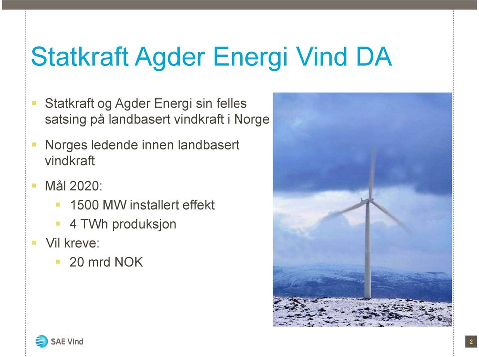 Norges ledende innen landbasert vindkraft Mål 2020: 1500