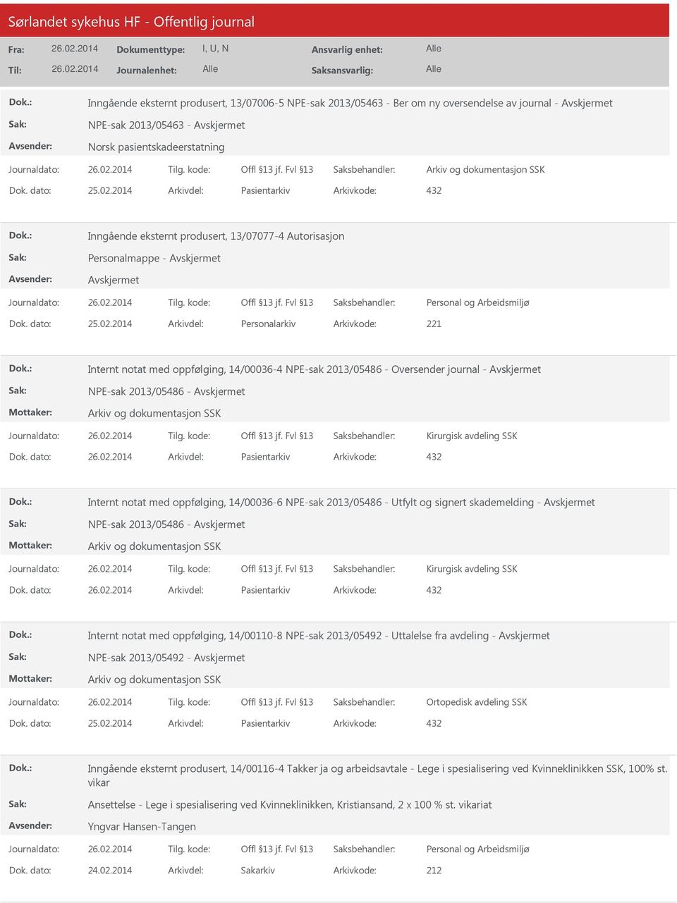 2014 Arkivdel: Personalarkiv Arkivkode: 221 Internt notat med oppfølging, 14/00036-4 NPE-sak 2013/05486 - Oversender journal - NPE-sak 2013/05486 - Kirurgisk avdeling SSK Dok.