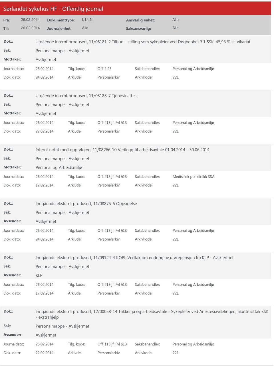 2014 Arkivdel: Personalarkiv Arkivkode: 221 Internt notat med oppfølging, 11/08266-10 Vedlegg til arbeidsavtale 01.04.2014-30.06.2014 Medisinsk poliklinikk SSA Dok. dato: 12.02.