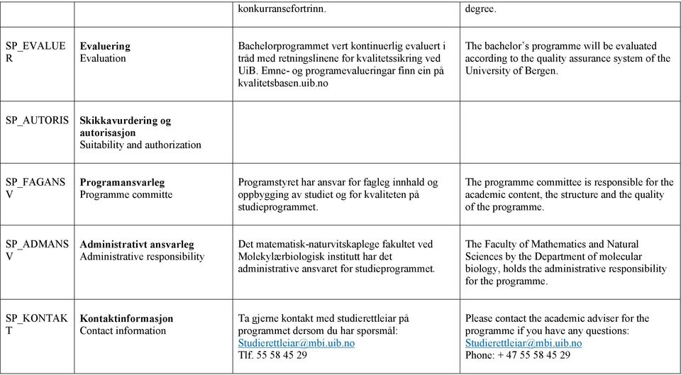 SP_AUTORIS Skikkavurdering og autorisasjon Suitability and authorization SP_FAGANS V Programansvarleg Programme committe Programstyret har ansvar for fagleg innhald og oppbygging av studiet og for