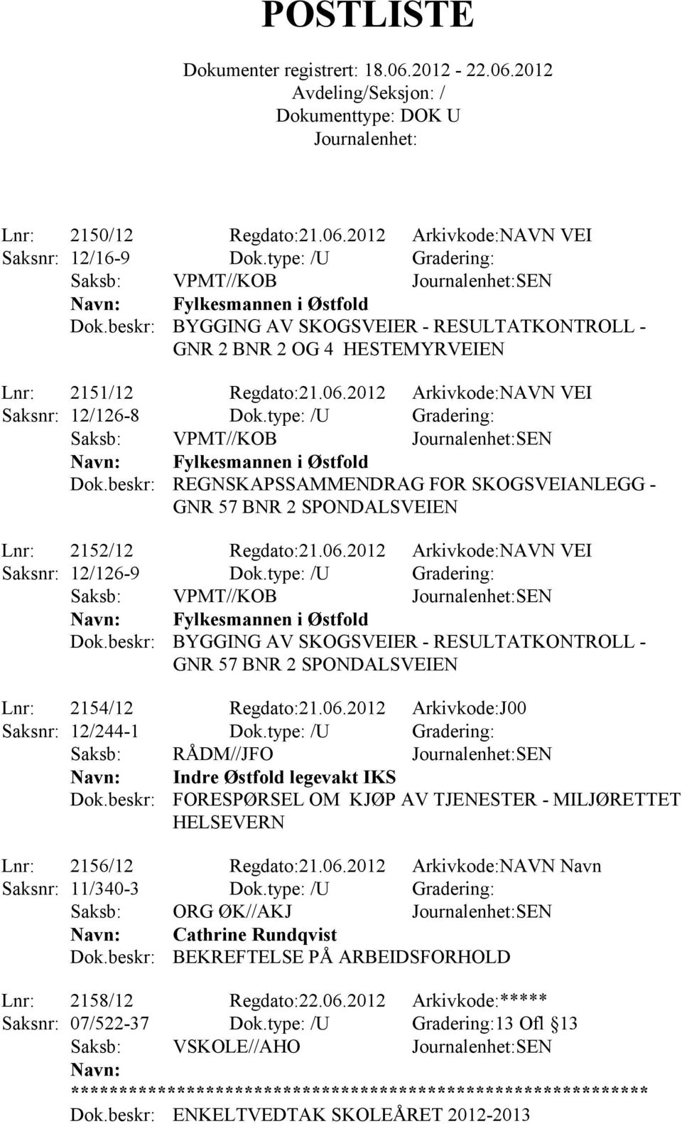 type: /U Gradering: Fylkesmannen i Østfold REGNSKAPSSAMMENDRAG FOR SKOGSVEIANLEGG - GNR 57 BNR 2 SPONDALSVEIEN Lnr: 2152/12 Regdato:21.06.2012 Arkivkode:NAVN VEI Saksnr: 12/126-9 Dok.