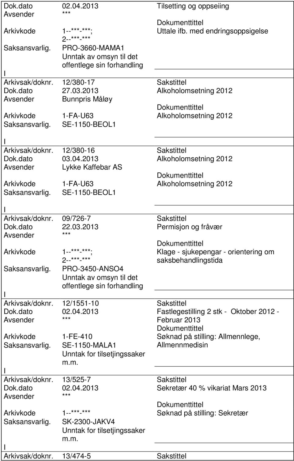 2013 Alkoholomsetning 2012 Avsender Lykke Kaffebar AS 1-FA-U63 Alkoholomsetning 2012 SE-1150-BEOL1 Arkivsak/doknr. 09/726-7 Sakstittel Dok.dato 22.03.