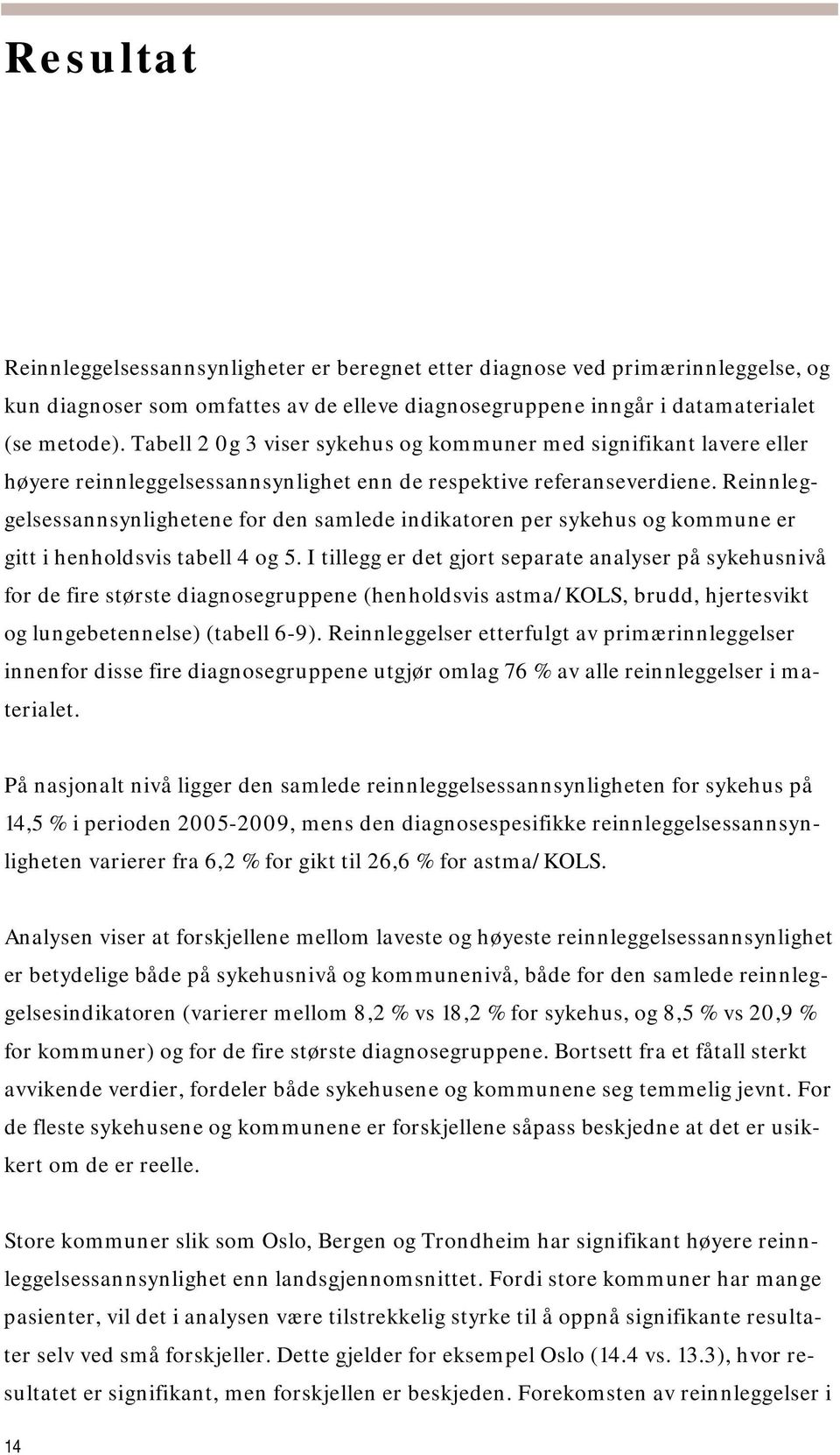 Reinnleggelsessannsynlighetene for den samlede indikatoren per sykehus og kommune er gitt i henholdsvis tabell 4 og 5.