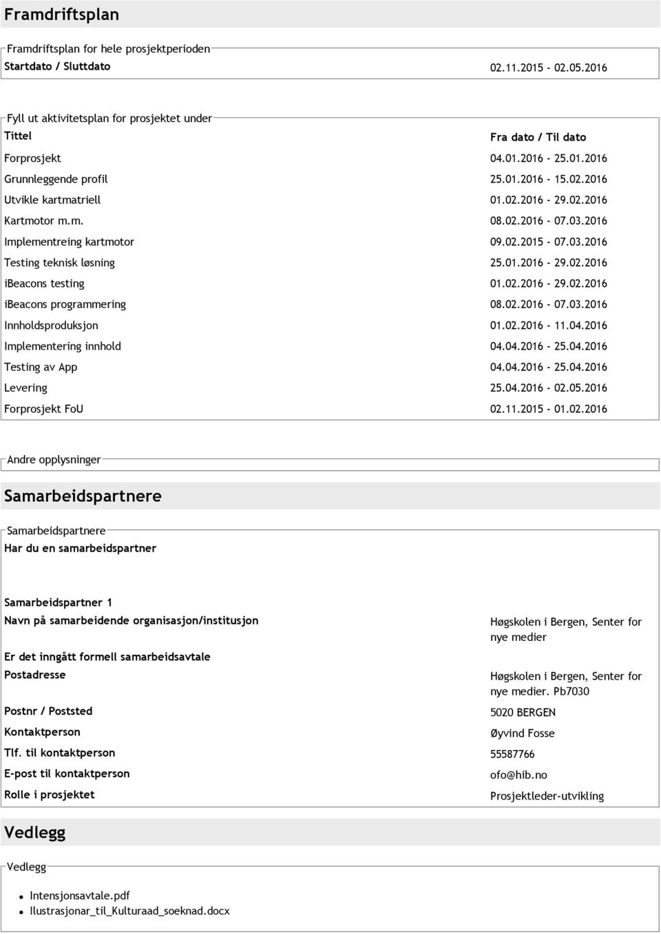 02.2016 29.02.2016 ibeacons programmering 08.02.2016 07.03.2016 Innholdsproduksjon 01.02.2016 11.04.2016 Implementering innhold 04.04.2016 25.04.2016 Testing av App 04.04.2016 25.04.2016 Levering 25.