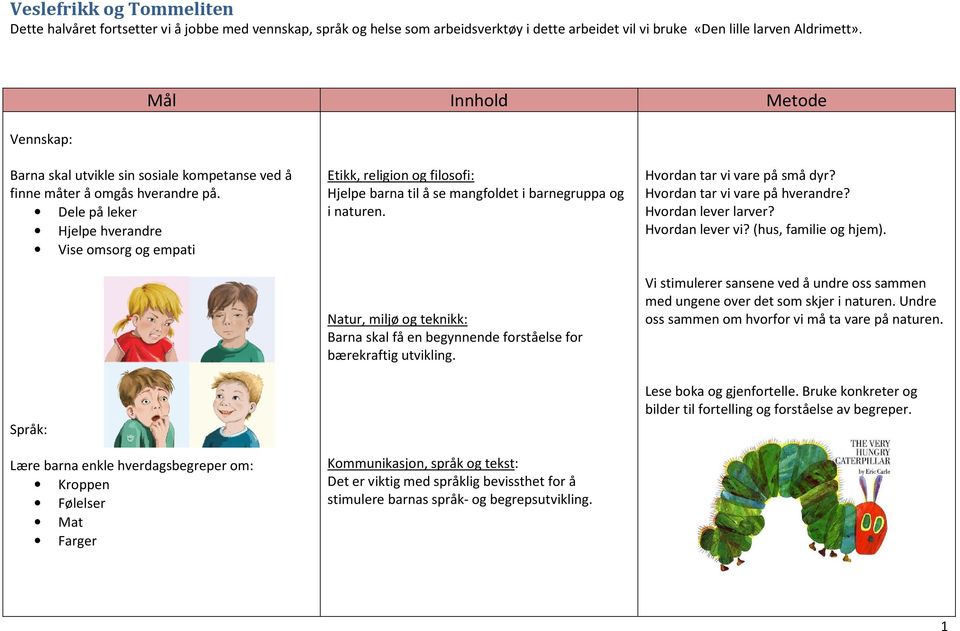 Dele på leker Hjelpe hverandre Vise omsorg og empati Språk: Lære barna enkle hverdagsbegreper om: Kroppen Følelser Mat Farger Etikk, religion og filosofi: Hjelpe barna til å se mangfoldet i