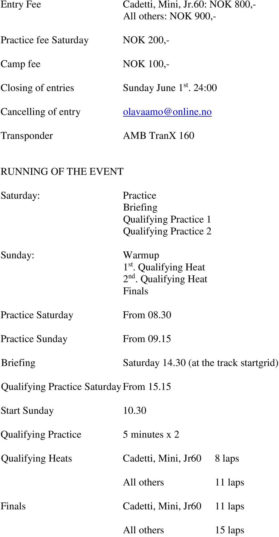 no Transponder AMB TranX 160 RUNNING OF THE EVENT Saturday: Sunday: Practice Briefing Qualifying Practice 1 Qualifying Practice 2 Warmup 1 st. Qualifying Heat 2 nd.