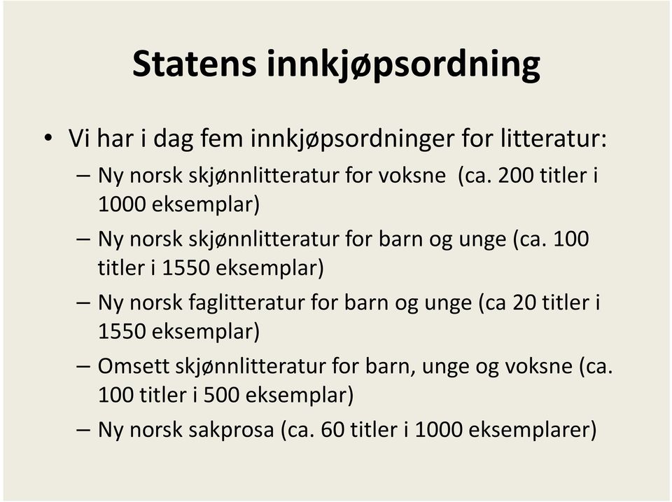 100 titler i 1550 eksemplar) Ny norsk faglitteratur for barn og unge (ca 20 titler i 1550 eksemplar) Omsett