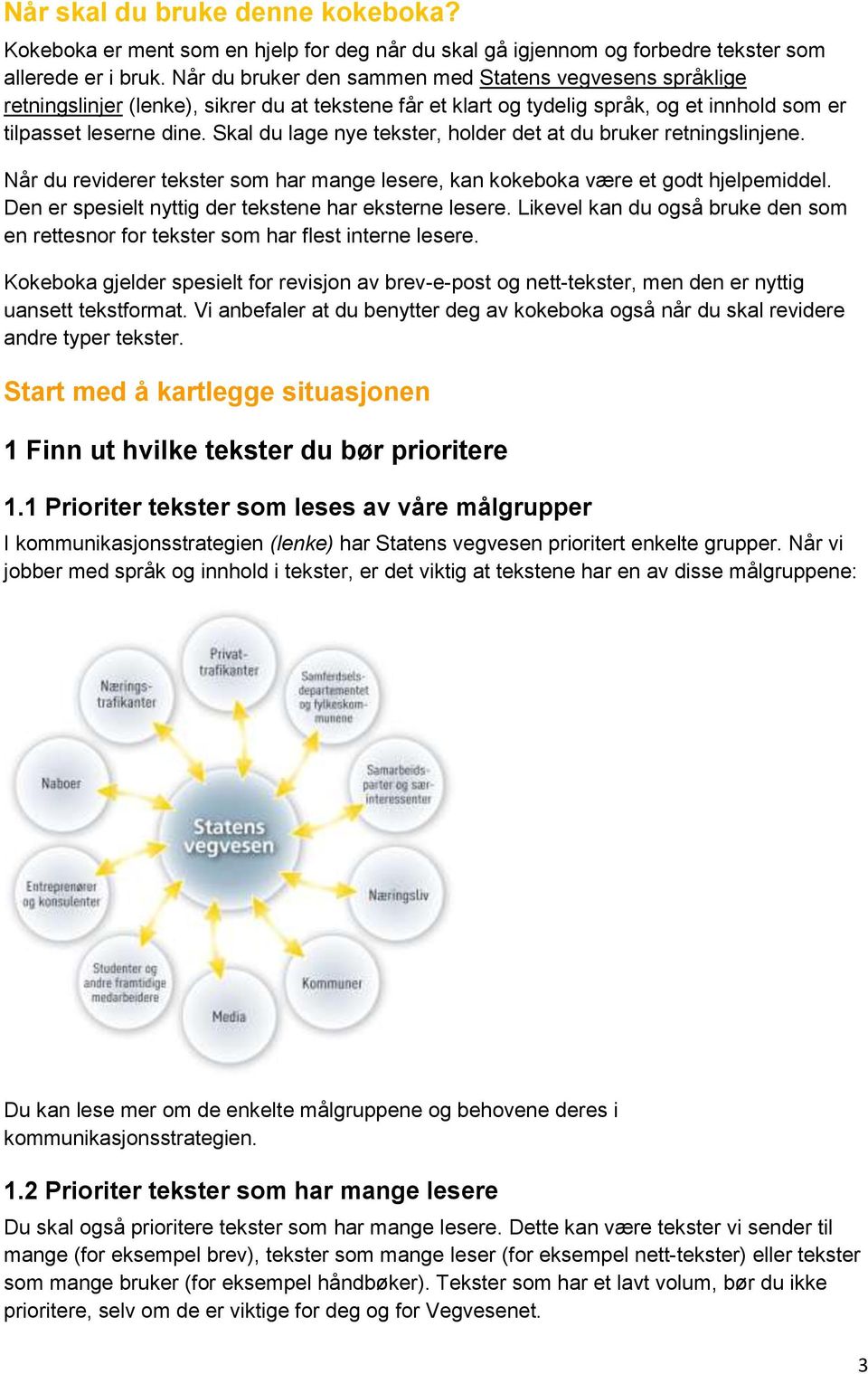 Skal du lage nye tekster, holder det at du bruker retningslinjene. Når du reviderer tekster som har mange lesere, kan kokeboka være et godt hjelpemiddel.