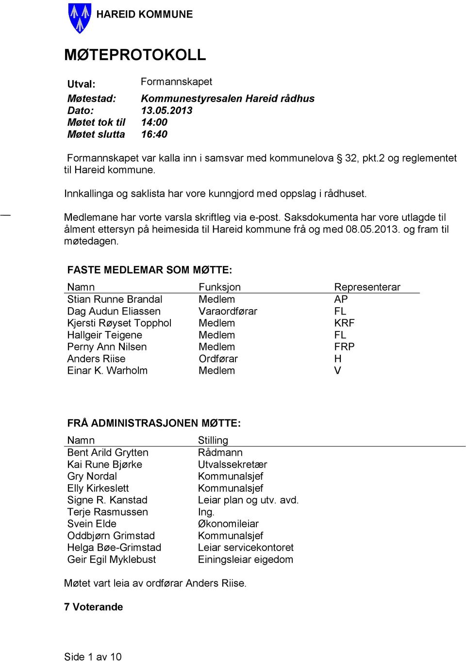 Innkallinga og saklista har vore kunngjord med oppslag i rådhuset. Medlemane har vorte varsla skriftleg via e-post.