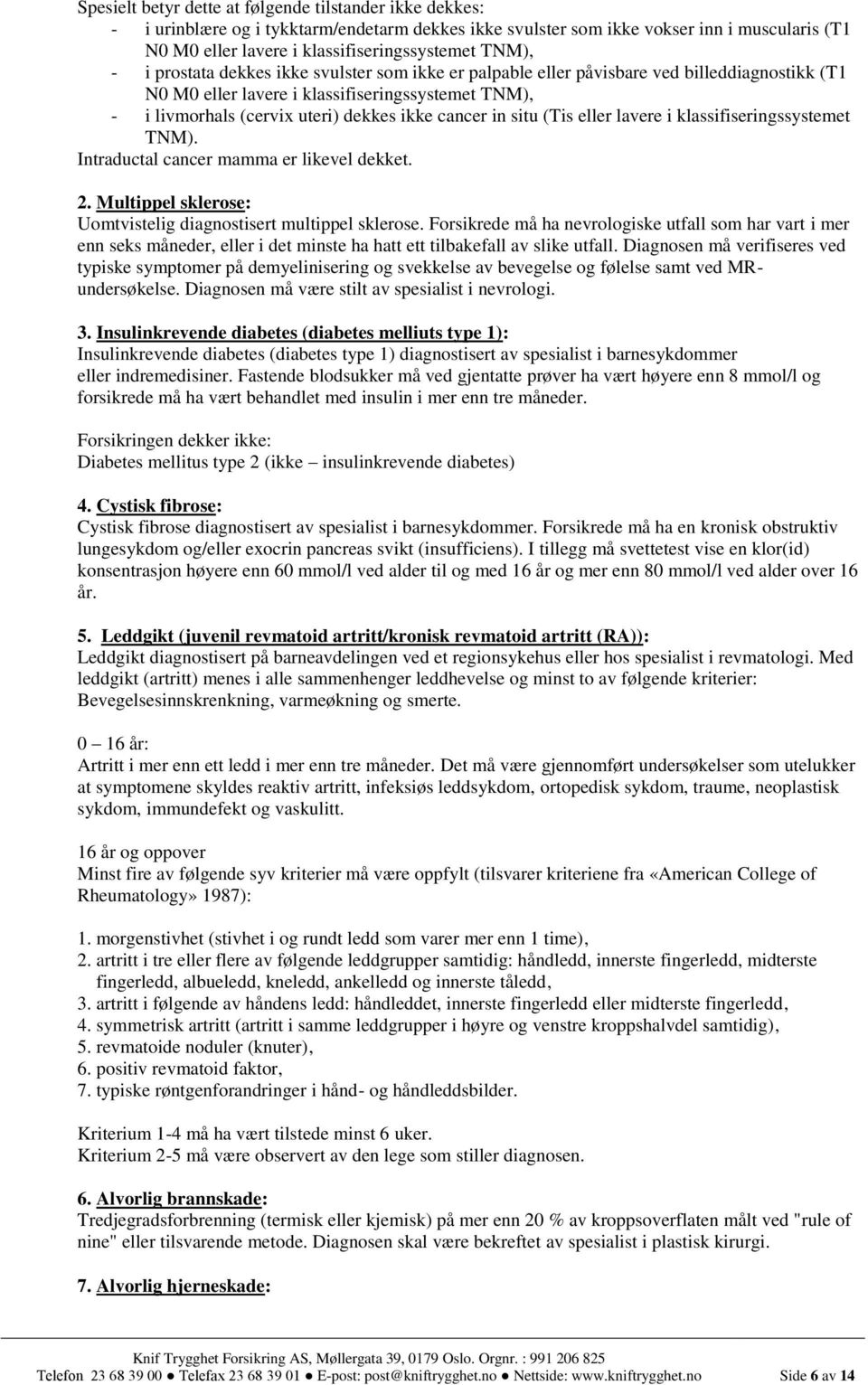 cancer in situ (Tis eller lavere i klassifiseringssystemet TNM). Intraductal cancer mamma er likevel dekket. 2. Multippel sklerose: Uomtvistelig diagnostisert multippel sklerose.