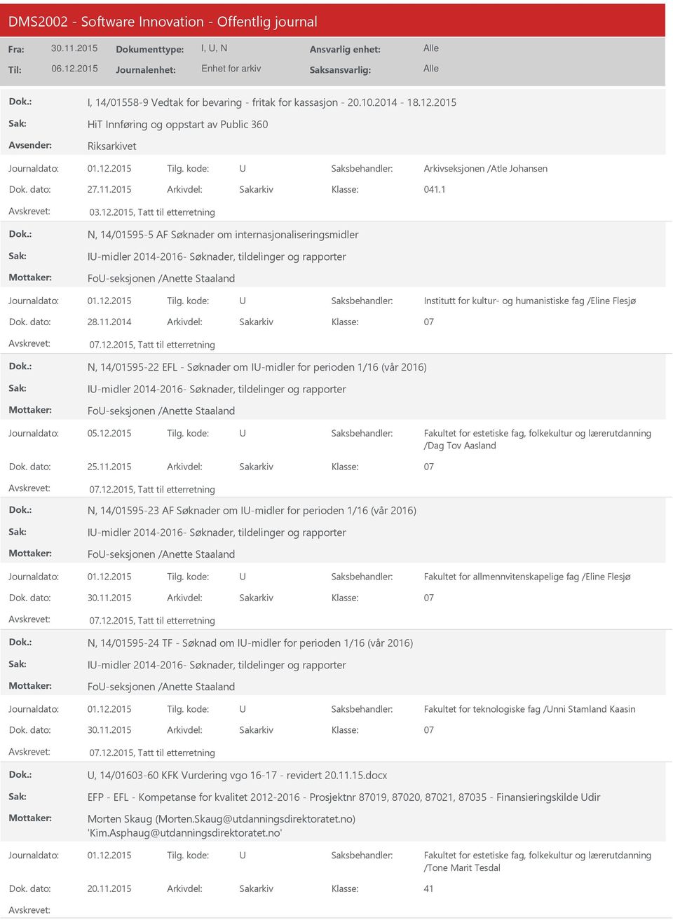 2015, Tatt til etterretning N, 14/01595-5 AF Søknader om internasjonaliseringsmidler I-midler 2014-2016- Søknader, tildelinger og rapporter Fo-seksjonen /Anette Staaland Institutt for kultur- og