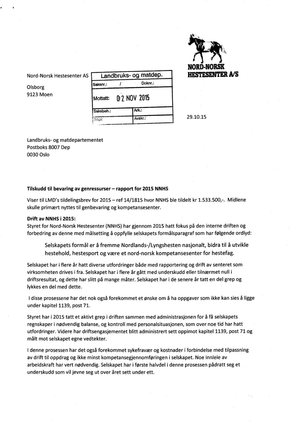 1.533.500,-. Midlene skulle primært nyttes til genbevaring og kompetansesenter.