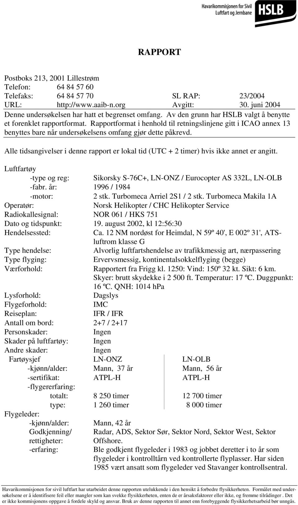 Alle tidsangivelser i denne rapport er lokal tid (UTC + 2 timer) hvis ikke annet er angitt. Luftfartøy -type og reg: Sikorsky S-76C+, LN-ONZ / Eurocopter AS 332L, LN-OLB -fabr.