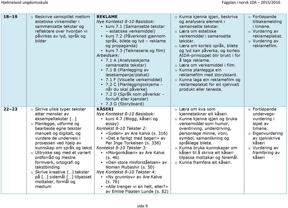 ortograf og tekstbndng o Skrve kreatve [ ] tekster på [ ] sdemål [ ] tlpasset REKLAME Nye Kontekst 8-10 Bassbok: kurs 7.1 (Samansette tekstar estetske verkemddel) kurs 7.