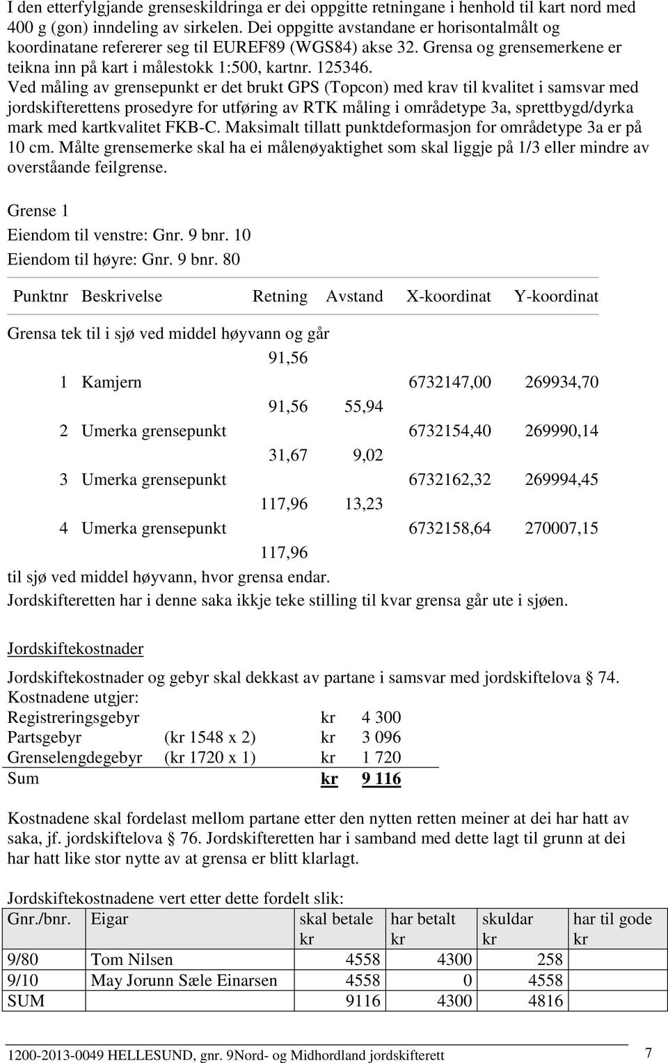 Ved måling av grensepunkt er det brukt GPS (Topcon) med krav til kvalitet i samsvar med jordskifterettens prosedyre for utføring av RTK måling i områdetype 3a, sprettbygd/dyrka mark med kartkvalitet