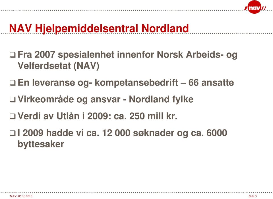 Virkeområde og ansvar - Nordland fylke Verdi av Utlån i 2009: ca.