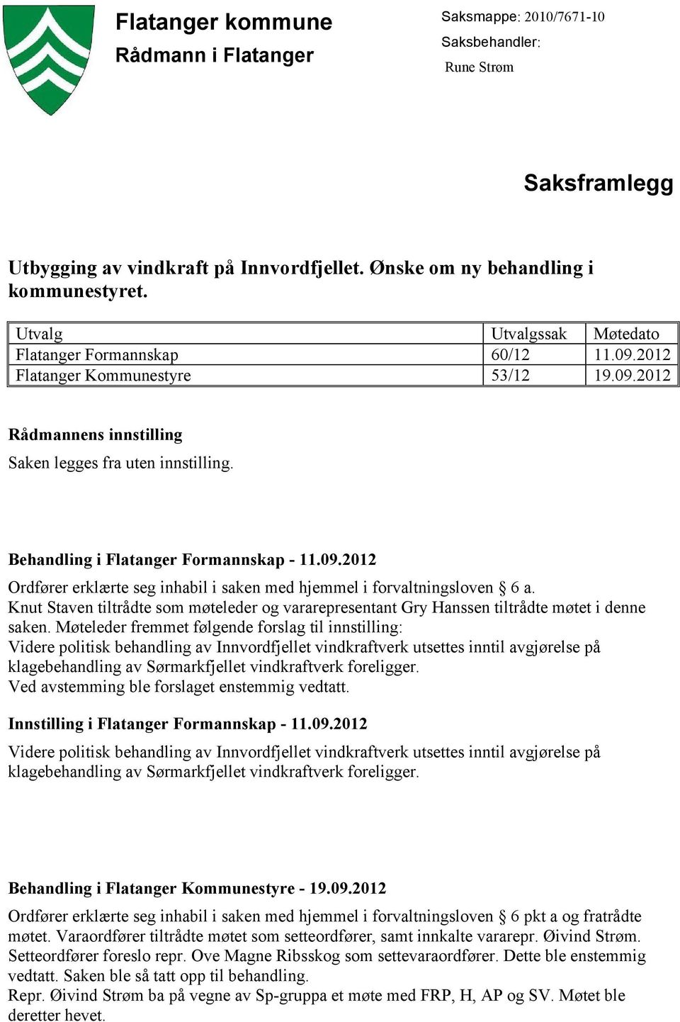 Behandling i Flatanger Formannskap - 11.09.2012 Ordfører erklærte seg inhabil i saken med hjemmel i forvaltningsloven 6 a.